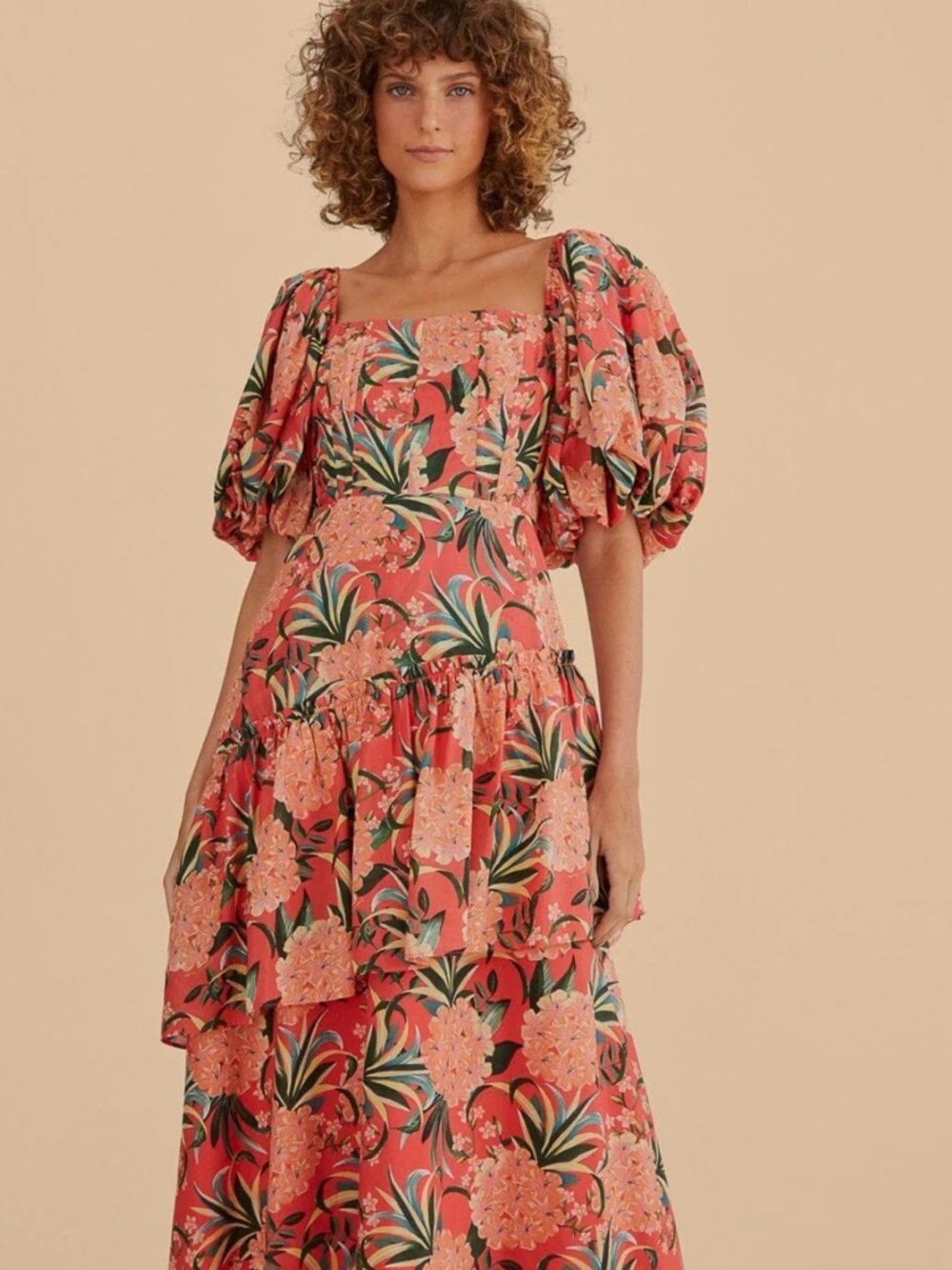 FARM Rio Coral Floral Puff-Sleeve Maxi Dress